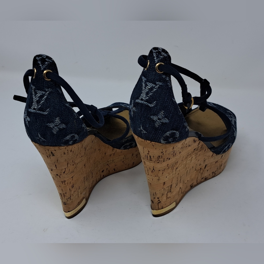 Louis Vuitton Monogram Denim Wedge Platform Ankle Wrap Pumps Shoes 7.5 / 37.5 EU - Picture 16 of 16